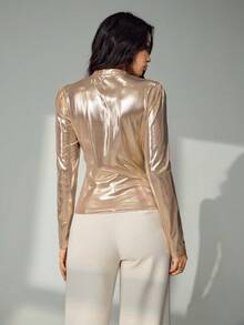 Lyxana Women V-Neck Button Front Long Sleeve T-Shirt - Champagne - View 2