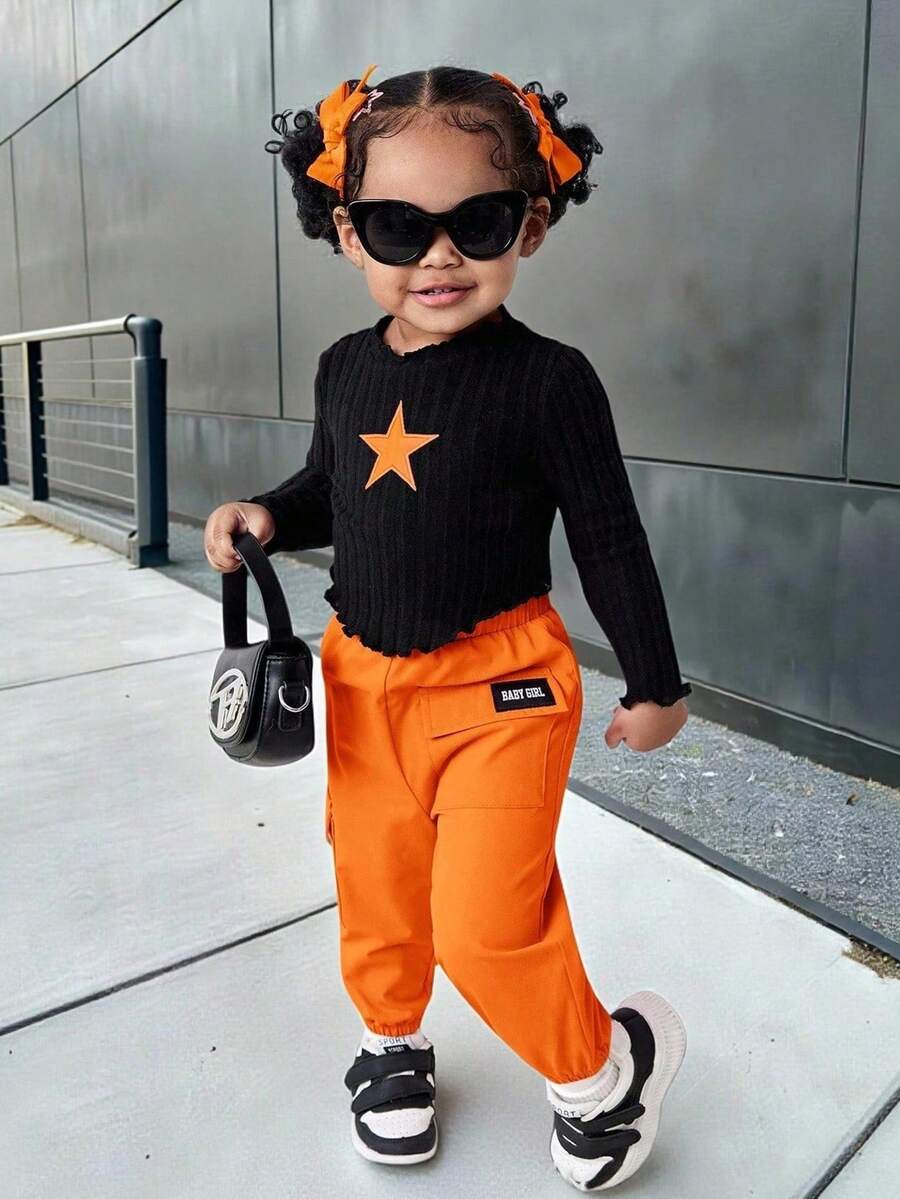 Bubblio Babygirl Cute Black Star Pattern Long Sleeve Top With Elastic Waist Orange Pants 2-Piece Set, Fashionable Outfit For Outings, Autumn/Winter Toddler Orange Outfit Baby 70s Outfit Groovy Toddler Outfit Toddler Black Top Orange Pants Baby Girl Outfits Fall - Multicolor - View 1