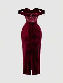 SHEIN MOD 红色露肩丝绒连衣裙，饰以亮片刺绣，尽显奢华皇家风范，Y2K风格，完美适用于约会之夜、派对、皇家盛典、节日庆典及生日穿着。 - 紅色 - 查看 2