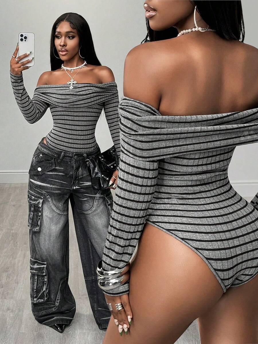 BamGleam Body a maniche lunghe con strisce a contrasto per donna