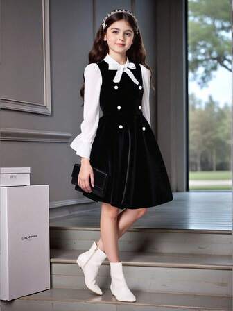 Vestido gótico de niña preadolescente con parches de malla transparente y strass, adecuado para Halloween, fiestas, reuniones y cumpleaños