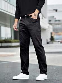Manfinity Homme Plus Size Men's Simple And Fashionable Denim Long Black Pants, Suitable For Summer - Black - View 5