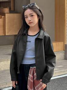 DAZY Chaqueta casual suelta de cuero sintético con cremallera frontal, manga larga y hombros caídos, unicolor, para niña preadolescente, primavera - Negro - Ver 3