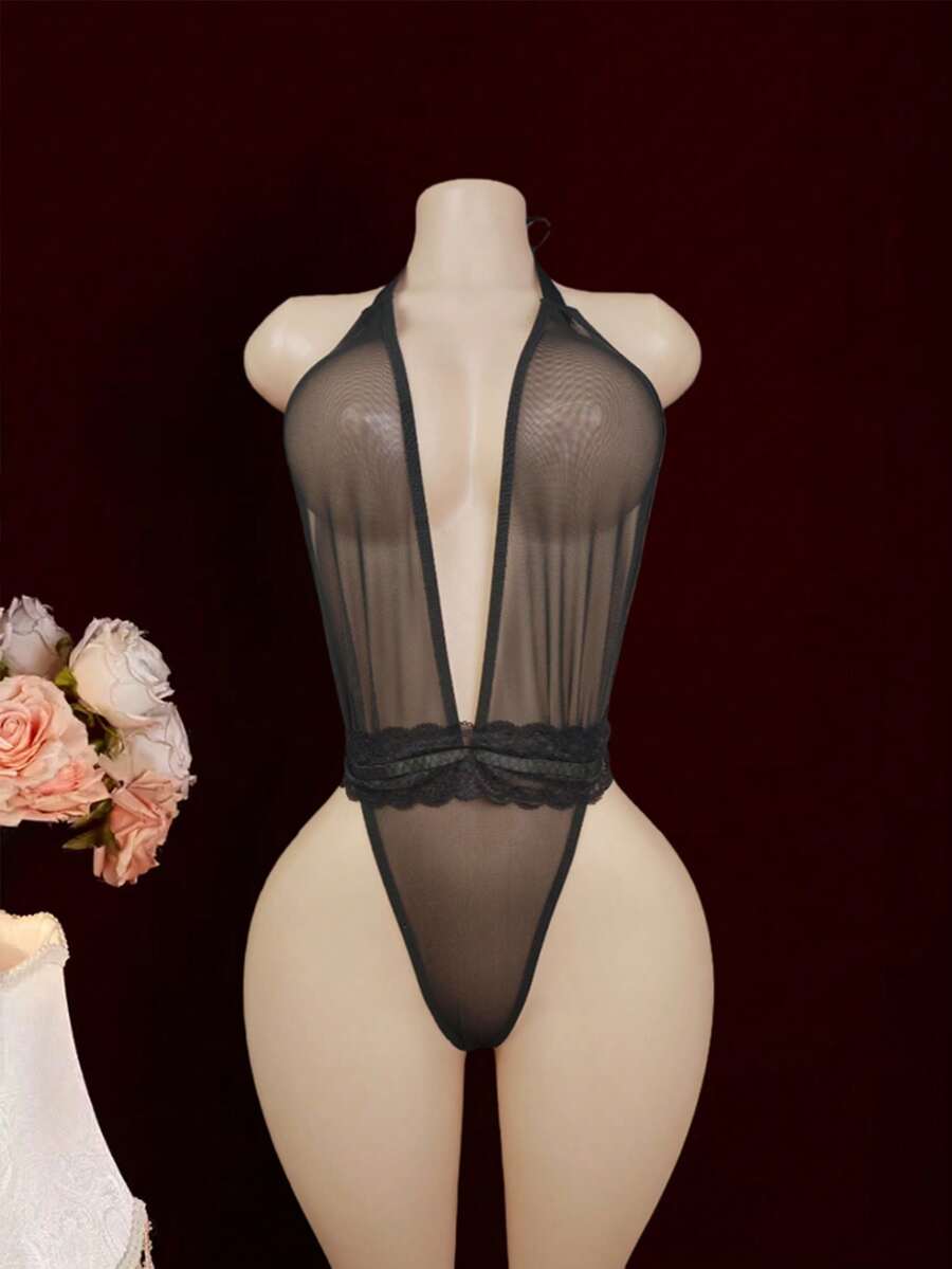 SHEIN Bộ đồ liền thân lưới mỏng phối ren đen khi đi chơi - màu đen - Xem 1