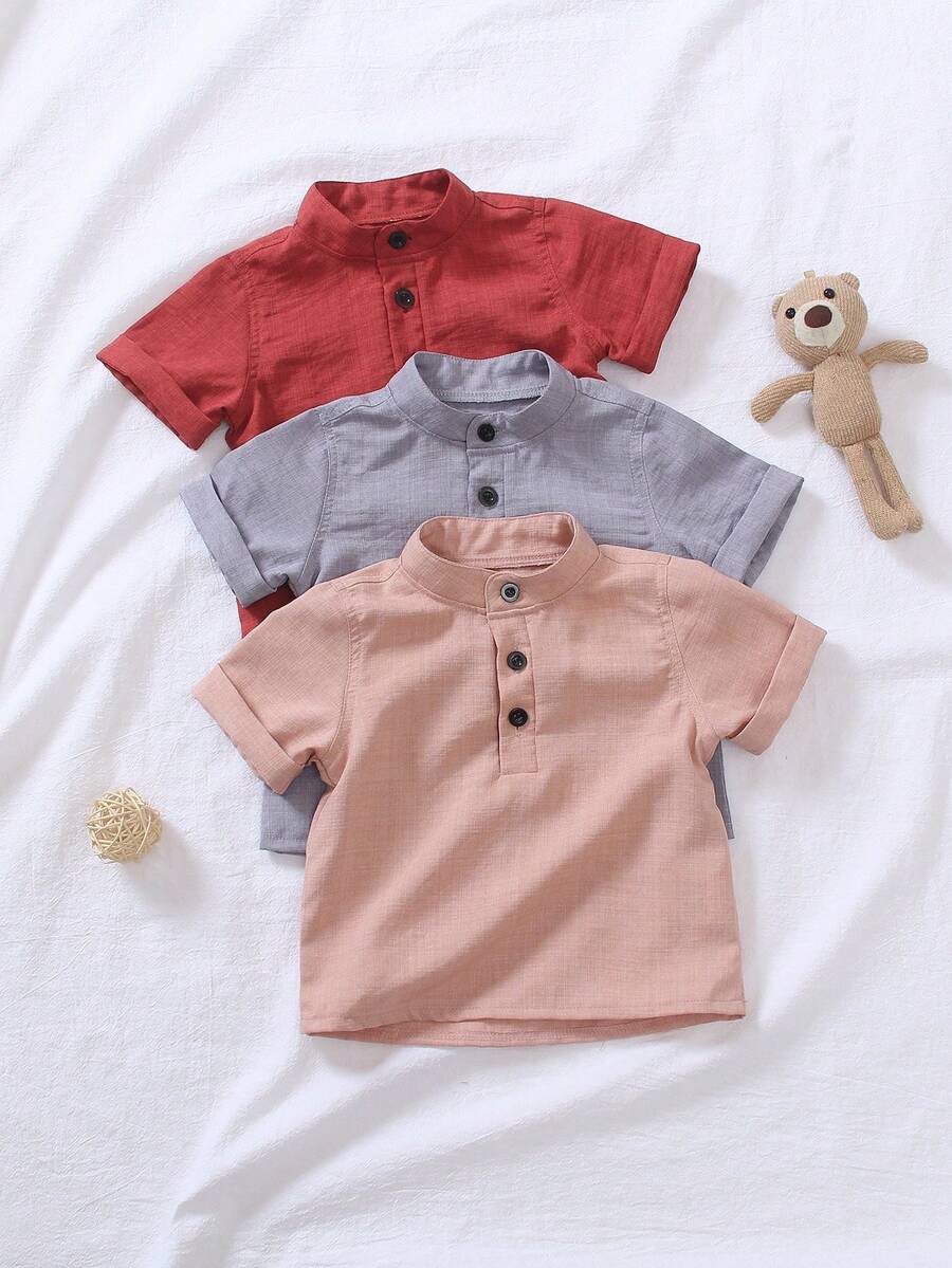 SHEIN Vintaside Kids 3件/套 男嬰純色半鈕扣短袖上衣 粉色與紅色 夏季休閒家庭套裝 柔軟舒適 度假派對日常旅行 - 彩色 - 查看 1