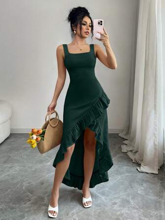 Rafferiza 女式方领荷叶边下摆高低连衣裙