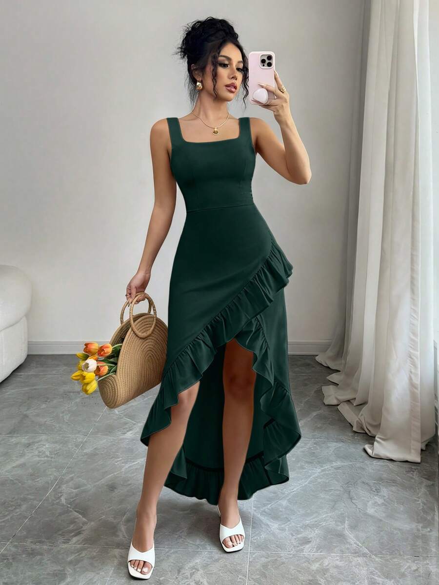 Rafferiza Váy cao thấp cổ vuông viền bèo nhún dành cho nữ - Màu xanh lá cây đậm - Xem 1