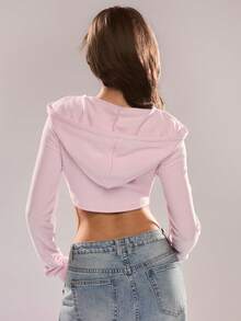 Glamine Women's Fashion Zip-Up Drawstring Cropped Sweatshirt, Pink - Pink - View 2