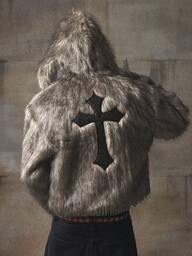 AXEPEAK Chaqueta con capucha con cremallera delantera, bordado cruzado y forro de piel sintética, estilo casual de moda de otoño/invierno para hombres