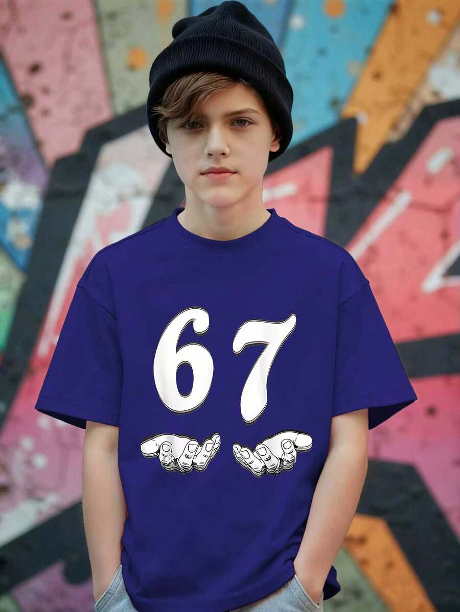 青少年男童休闲简约“67”数字图案短袖圆领T恤，街头风，印有67字样，舒适休闲，适合外出和运动，藏蓝色上衣 - 藏蓝色 - 查看 1