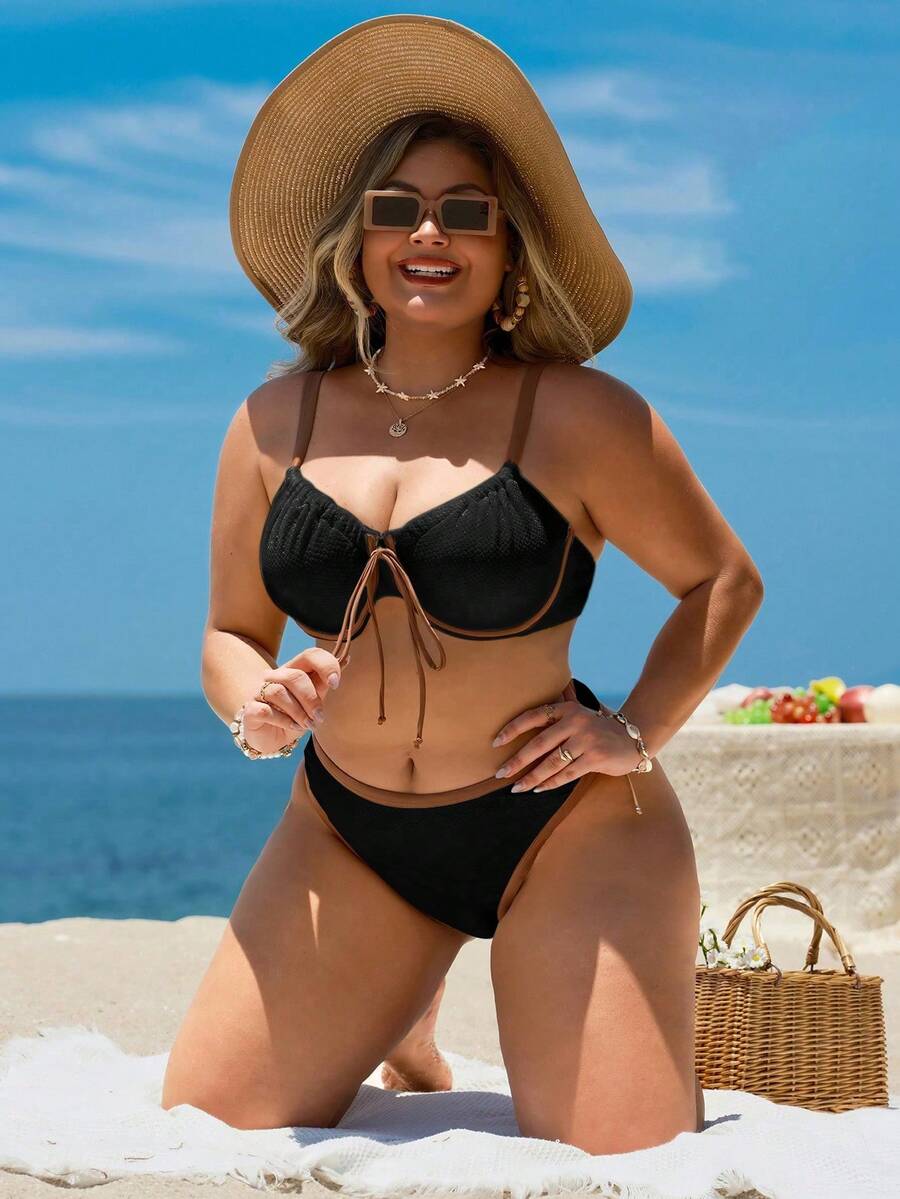 Swim Lushoire Bộ bikini gọng phối màu họa tiết cỡ lớn dành cho nữ, kỳ nghỉ bãi biển gợi cảm - Nhiều màu - Xem 1