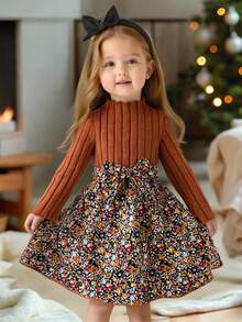 Cozy Pixies Baby Girl Leopard Print High Collar Contrast Color Patchwork Brushed Ribbed Long Sleeve Ruffle Hem Waist Cinched Dress, Suitable For Winter