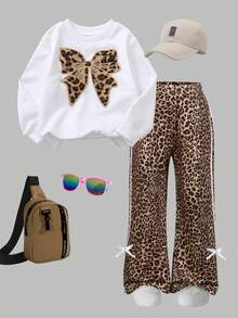 2pcs/Set Toddler Girls' Butterfly Pattern Crew Neck Long Sleeve Sweatshirt And Leopard Print Pants Set, Casual Autumn/Winter - White - View 1