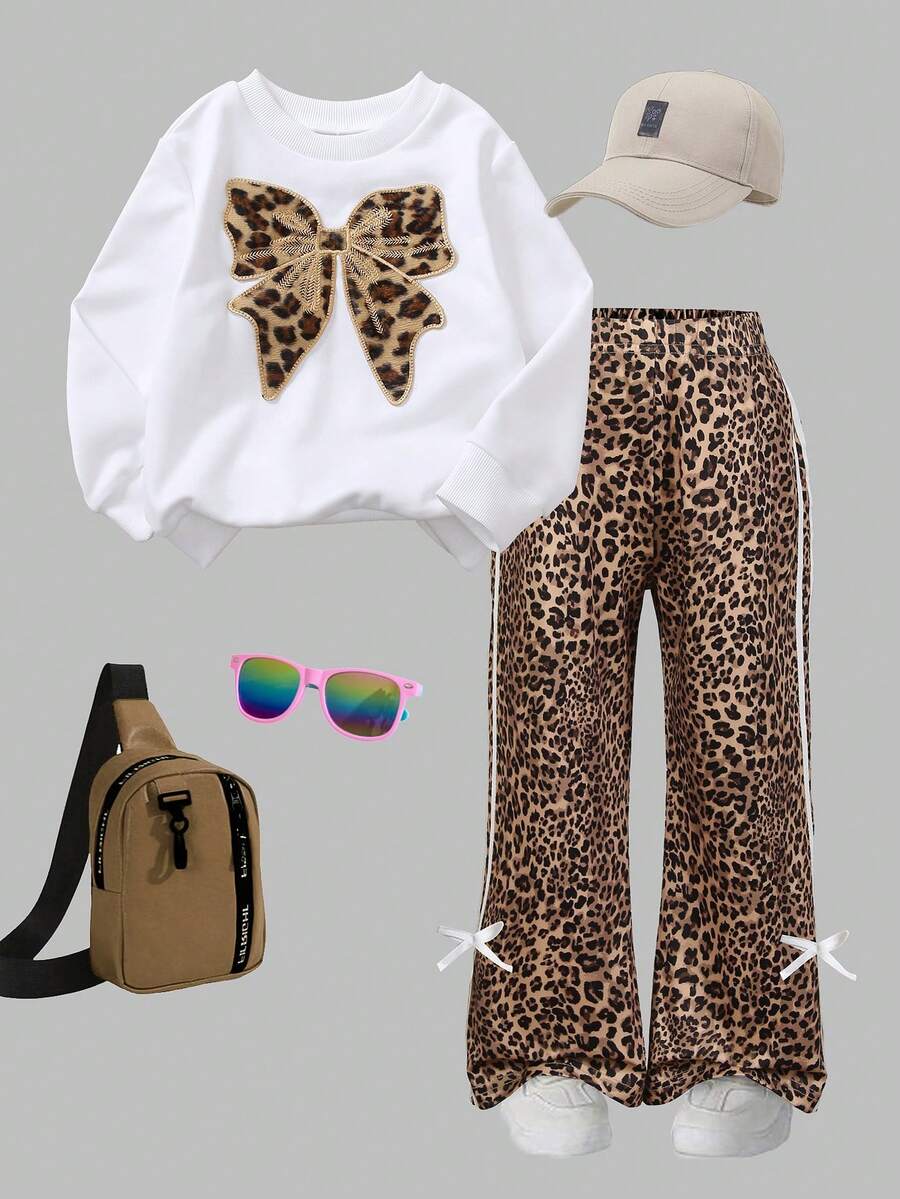 2pcs/Set Toddler Girls' Butterfly Pattern Crew Neck Long Sleeve Sweatshirt And Leopard Print Pants Set, Casual Autumn/Winter - White - View 1