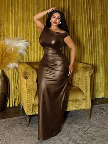 Slaydiva Đầm maxi không tay thời trang mới mùa xuân hè, phù hợp cho tiệc sinh nhật, đi học, mặc hàng ngày, kỳ nghỉ, đi biển, du lịch, phong cách người nổi tiếng, thanh lịch, đi làm, công sở thường ngày, đầm ôm sát một vai gợi cảm bằng da PU màu đen mùa hè, đầm nữ thanh lịch màu nâu cỡ lớn. - màu nâu - Xem 5