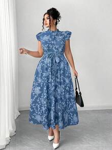 Elenzga Elegant Blue Floral Midi Dress For Women Stand Collar Ruffle Cap Sleeve A Line Flared Random Print Plus Size - Blue - View 3