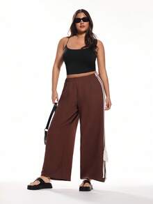 Solavibe 大码女式弹力腰侧条纹阔腿休闲裤，大码阔腿裤，喇叭裤，棕色阔腿裤，曲线阔腿裤，女士沙滩裤，女士休闲裤，度假裤，阔腿运动裤，棕色女式下装 - 棕色 - 查看 5