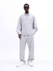 SUMWON 纽扣衬衫和裤子套装，采用混色针织面料，宽松休闲居家服两件套，纯色 - 灰色 - 查看 5