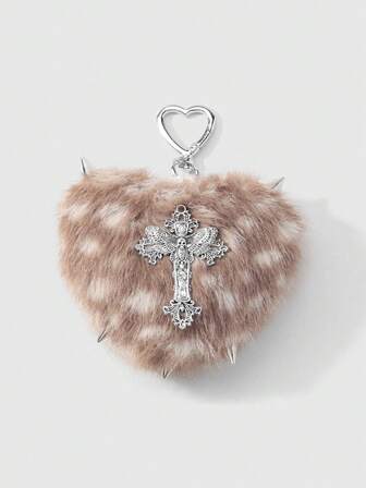 Kawaii 1 Stück Y2K Retro Punk Goth Stil braun Kunstfell Leopardenmuster Nieten 3D Herz Kreuz Schlüsselanhänger, geeignet für Frauen, Alltagskleidung oder Geschenk, Halloween
