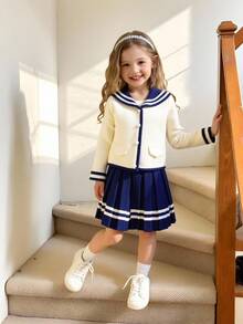 Navy Blue School Girl 2pcs Set, Autumn Back-To-School Outfit, Knitted Cardigan With Sailor Collar And Pleated Skirt, Japanese School Uniform For Young Girls - Royal Blue - View 3
