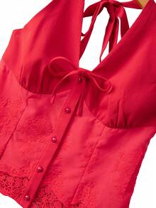 Franclia 女士优雅甜美法式红色露背系带蕾丝边饰上衣，春夏款 - 紅色 - 查看 8