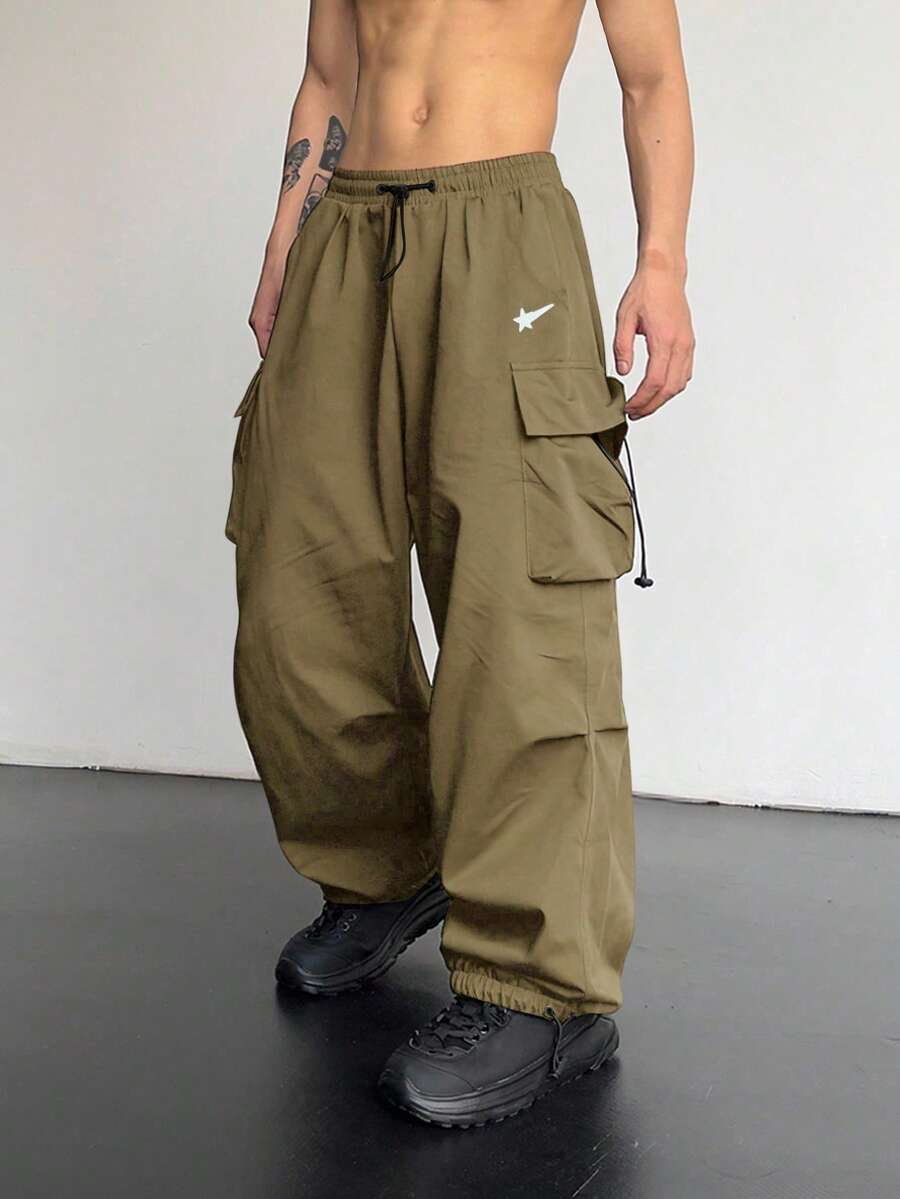 PAVTROS 男士星形印花休闲宽松工装裤 - 卡其色 - 查看 1