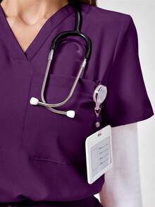 TaskEZ V-Neck Short Sleeve Top And Pocketed Pants Scrub Uniform Set - Purple - View 7