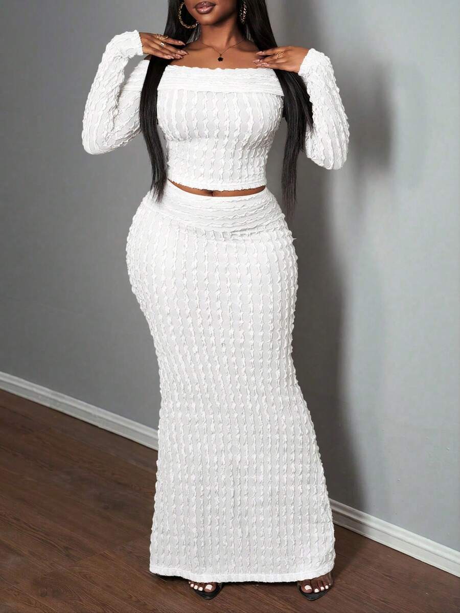 Slaydiva 优雅派对露肩长袖上衣和半裙女士两件套 - 杏色 - 查看 1