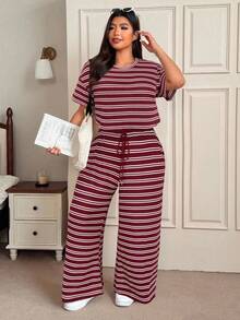 SHEIN EZwear 加大码红色条纹T恤和裤子休闲两件套，夏季 - 紅色 - 查看 4