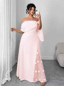 Elenzga 大码女式优雅复古法式风花卉网纱拼接不对称连衣裙，休闲时尚，情人节必备 - 粉色 - 查看 7