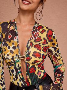 JIAN LASALA All-Over Print Mesh Transparent Deep V Metal Buckle Front Flared Long Sleeve Women Top Elegant Tops Havana Nights Beach Wedding Guest - Multicolor - View 5