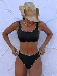 Swim Chiccia 2pcs Solid Color Casual Sports Swimsuit Set For Women, Spring/Summer 2026 - Black - View 3