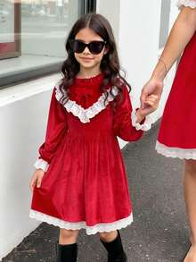 1 pieza Vestido de princesa de manga larga con cuello de volantes rojos elegantes de Navidad, puños y dobladillo con lazo 3D y encaje, cómodo y de moda, adecuado para primavera, otoño, invierno, salidas, viajes, fiestas y uso diario - Multicolor - Ver 3