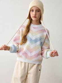 Tween Girls Sweaters, Round Neck Pullover Sweater, And Stylish, Suitable For Daily Wear, Traveling, Macaron Ombre Color, Autumn And Winter, Warm - Multicolor - View 3