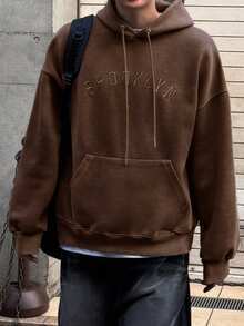 DAZY 男士秋冬保暖连帽衫，带字母刺绣，棕色 - 棕色 - 查看 6