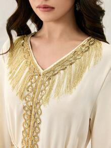Teenage White Long Dress With Short Sleeves, Middle Eastern Style Long Robe With Fringe - White - View 7