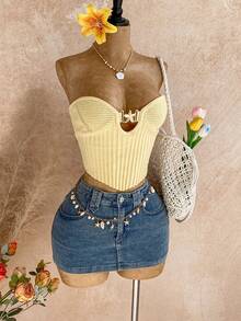 Soleia Women's Fashionable Casual Vacation Style Solid Color Metal Starfish Decor Fitted Bustier Sweater Tube Top, Beachs For Women , Afternoon Tea,Rave Top, Beach Resort In Summer, Holiday, Boho Style, Beach For Women, Yellow Top,Romantic - Butter Yellow - View 5