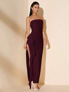 SHEIN BAE Gaun Panjang Tanpa Lengan, Tanpa Tali Bahu, Seksi, Berlipit, dengan Belahan Tinggi, dan Rumbai, Cocok untuk Pengiring Pengantin, Pesta Pernikahan, Musim Panas, Warna Putih - Merah tua - View 5