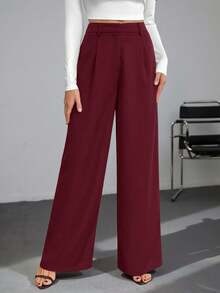 SHEIN Tall Casual Versatile Solid Color High Waisted Wide Leg Pants,Tall Casual Autumn And Winter Style - Burgundy - View 9