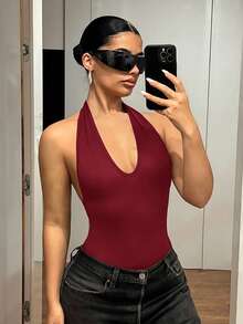 SHEIN ICON 性感Y2K深V领金属色连体衣，纯黑色 - 酒紅色 - 查看 5