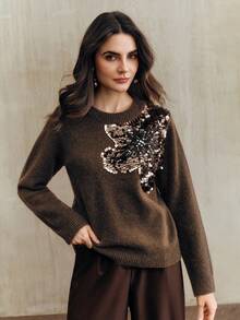 Anewsta Áo len thu đông thanh lịch, sang trọng, thêu kim sa và đính đá, cổ tròn - Màu nâu  Mocha - Xem 4