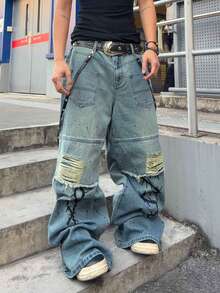 ROMWE MEN Anime 男士撞色破洞宽松休闲牛仔裤 - 淺藍色 - 查看 4