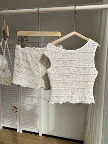 Conjunto de top corto sin mangas acanalado y shorts con volantes de cintura alta, estilo bohemio y campestre, de tela ligera y transpirable, para verano, vacaciones en la playa, almuerzos casuales y uso diario. - Beis - Ver 8