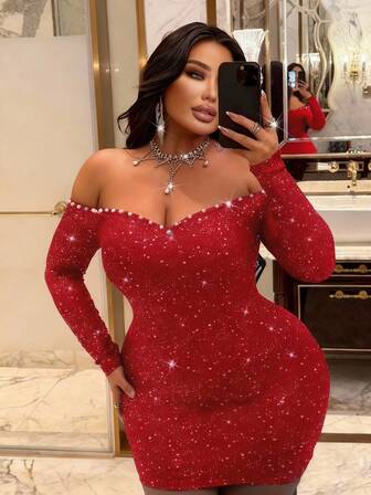 NU&NOW Plus Size Women Elegant Metallic Pearl Mesh Party Dress, Sexy & Glamorous, Autumn/Winter