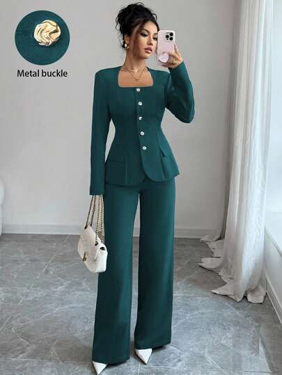 Elenzga 两件套女士西装，面料梯形领，前襟金属纽扣，A字下摆，插袋长袖衬衫+直筒裤，纯色优雅，适合办公室通勤、街头穿搭、秋冬时尚、百搭商务休闲、感恩节下午茶聚会、返校季等场合。