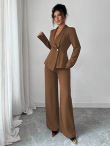 Elenzga 女士套装，西装面料，翻领，长袖，收腰A字不对称下摆，金属纽扣装饰，精致优雅，适合办公室、通勤、街头风、法式浪漫、休闲、中东复古、下午茶、派对、感恩节、返校季以及春秋冬季穿着。 - 咖啡棕 - 查看 7