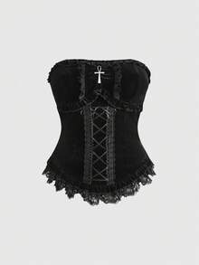 ROMWE Goth 女士哥特式宫廷优雅天鹅绒蕾丝拼接系带腰部十字架吊坠抹胸上衣 - 黑色 - 查看 1