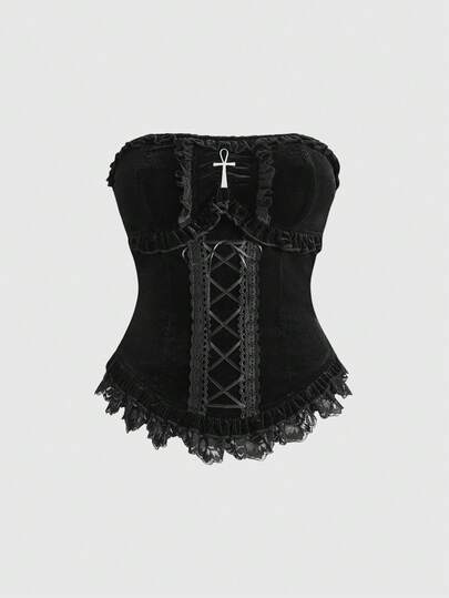 Damen Gothic Palace elegantes Samt-Spitzen-Patchwork Krawattenband Taille Kreuz Anhänger Röhrentop
