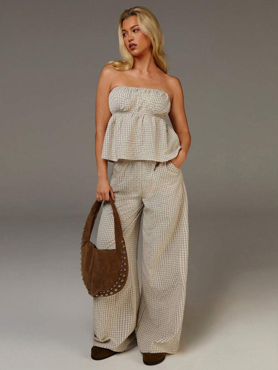 Athîral Women's Casual Beige Plaid Strapless Top And Pants Two-Piece Set,Black And White Checkered,Summer,Boho,Vacation,Plaid Woven Fabric Outfit,Co Ord Set - Beige - View 1