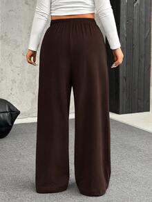 SHEIN EZwear 加大码棕色毛绒保暖舒适休闲抽绳宽松裤 - 棕色 - 查看 7